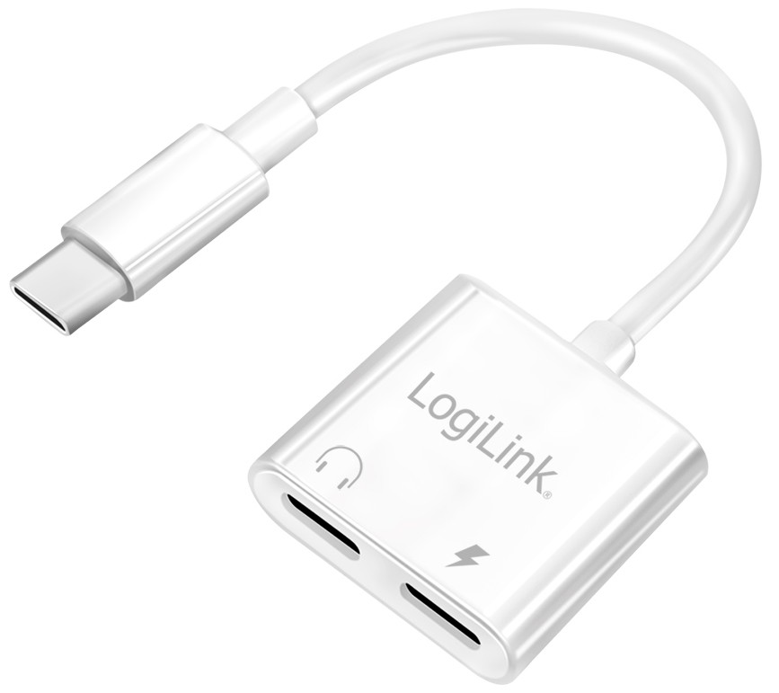 White LogiLink UA0433 USB-C audio adapter featuring a flexible cable, two audio output ports, and a sleek, glossy finish with the LogiLink logo.