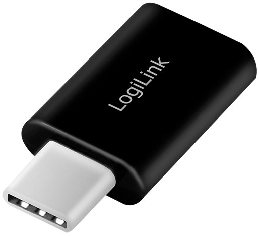 Black LogiLink USB-C Bluetooth 5.3 adapter with a white USB connector, featuring a sleek, compact design and the LogiLink logo prominently displayed on the surface.