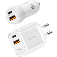 White LogiLink USB charger set with USB-C and USB-A ports, includes car adapter and AC plug, PD 20W output.