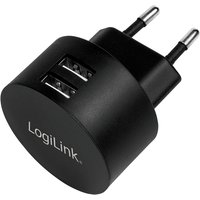 Black LogiLink USB socket adapter with two USB ports for fast charging, round design, and European plug.
