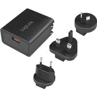 Black LogiLink USB travel adapter with QC 3.0, 18W, includes interchangeable EU, UK, and US plug attachments.