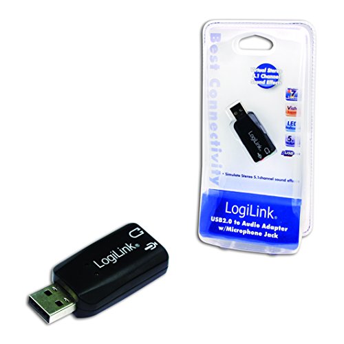 LogiLink USB sound card in black, featuring a compact design with a USB connector and audio jack, packaged in clear plastic with a blue and white label highlighting 5.1 channels.