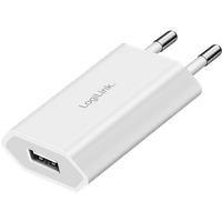 White LogiLink USB wall charger, 1 port, USB-AF, 5W, with two round prongs and sleek rectangular design.
