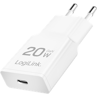 White LogiLink USB-C wall charger, 1 port, slim design, GaN technology, PD 20W, with two round prongs.