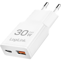 White LogiLink USB wall charger with two ports, USB-C and USB-A, GaN technology, 30W power, and European plug.