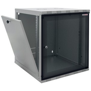 Black 6U wall-mounted rack cabinet with a glass front door, metal construction, and ventilation slots, designed for secure equipment storage.