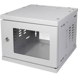 Grey 4U wall-mounted rack cabinet by LogiLink, featuring a metal construction, a transparent front panel, ventilation slots, and a lockable door for secure equipment storage.