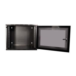 Black LogiLink W09A40B 9U wall-mounted rack cabinet with a glass door, featuring a sturdy metal frame and pre-drilled holes for easy installation.
