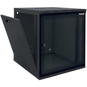Black 9U wall-mounted rack cabinet with a transparent glass door, sturdy metal construction, and ventilation slots, designed for secure equipment storage.