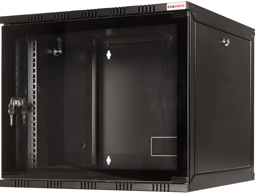 Grey LogiLink W09B54G 9U wall-mounted rack cabinet featuring a glass door, metal construction, ventilation slots, and lockable access for secure equipment storage.