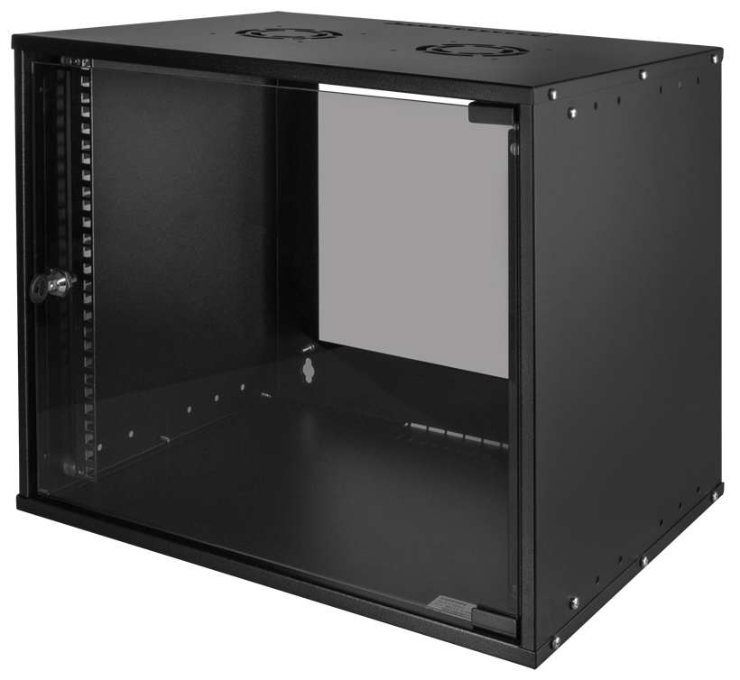 Black 9U wall-mounted rack cabinet with a glass door, metal frame, ventilation holes on top, and lockable access for secure equipment storage.