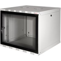 White LogiLink 12U wall-mounted rack cabinet with glass door and lock, featuring ventilation slots and sturdy metal frame.