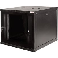 Black LogiLink 15U wall-mounted rack cabinet with lockable glass door and ventilation slots.