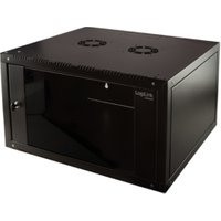 Black LogiLink 15U wall-mounted rack cabinet with glass door and ventilation fans on top.