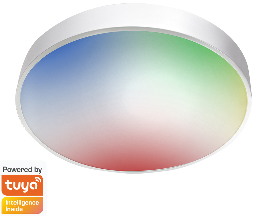 Round, white ceiling light with a color-changing LED panel displaying blue, green, and red hues; compatible with Tuya smart home systems.