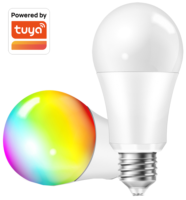 LogiLink WiFi Smart E27 Bulb with a white body and a color-changing bulb tip, featuring a rainbow gradient, and a Tuya compatibility logo in the top corner.