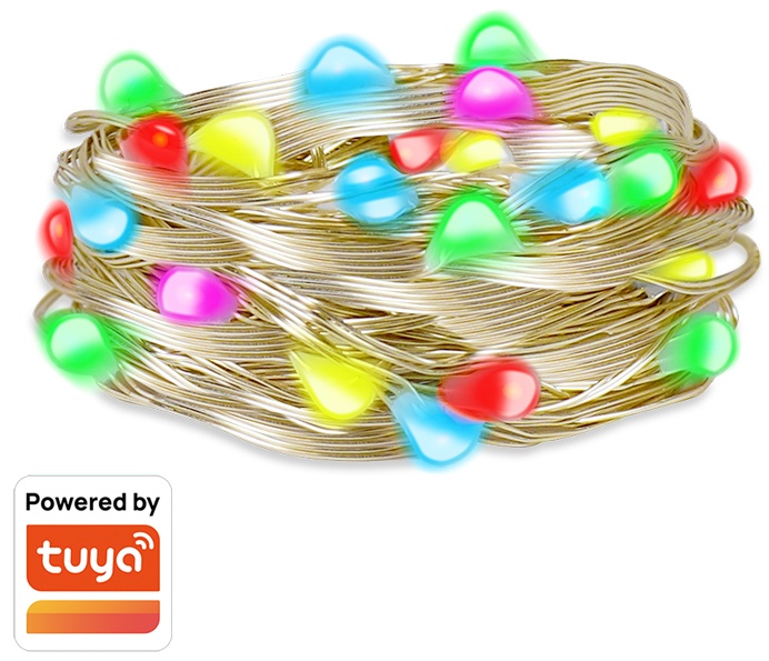 Colorful LED light strip with a 5m length, featuring vibrant red, yellow, green, and blue bulbs, made of flexible material, compatible with Tuya smart home systems.