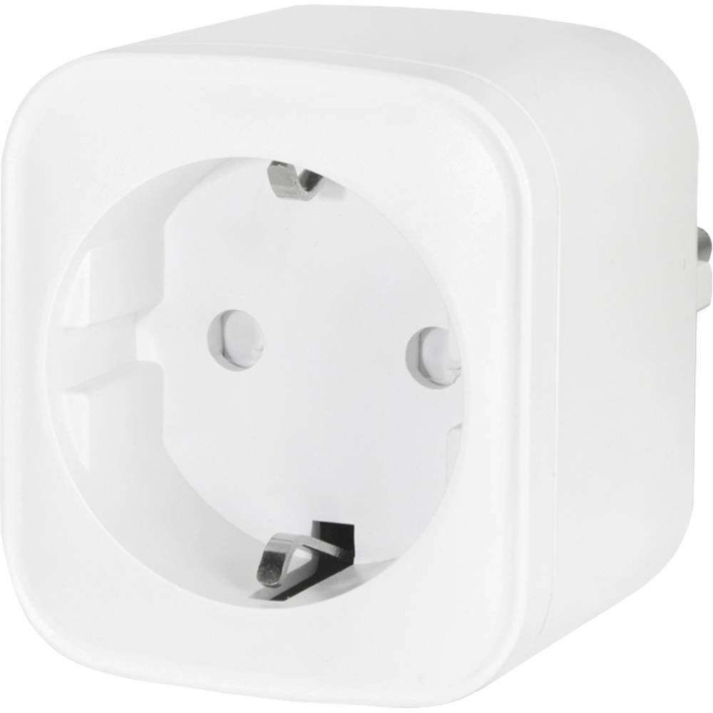 White LogiLink WiFi Smart Plug with a square design, featuring a CEE 7/3 socket and a power meter, compatible with Tuya smart home systems.