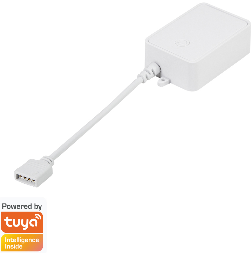 White LogiLink WiFi Smart RGB Controller with a cable and connector, featuring a round power button and marked with "Powered by Tuya" logo.
