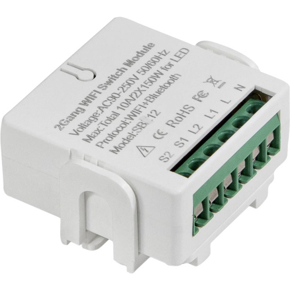 White LogiLink WiFi Smart Switch Module with a 2-gang design, featuring green terminal blocks for wiring and labeled connections, compatible with Tuya smart home systems.