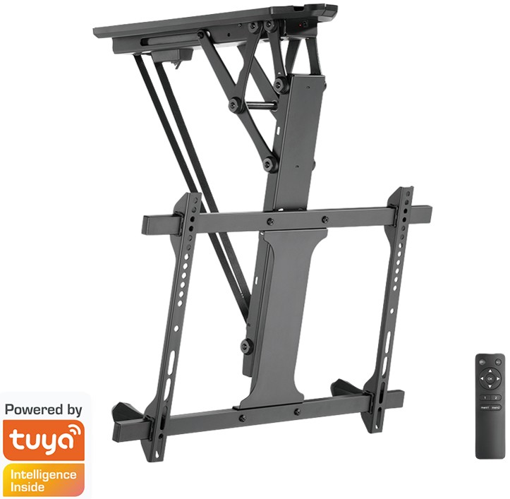 Motorized black ceiling mount for TVs sized 32-70 inches, featuring a sturdy metal frame and a remote control, powered by Tuya for smart functionality.