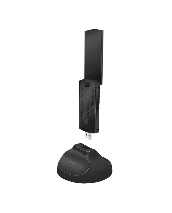 LogiLink WL0247 network card in black with a sleek design, featuring a USB connector and a detachable antenna for WLAN speeds up to 1300 Mbit/s.