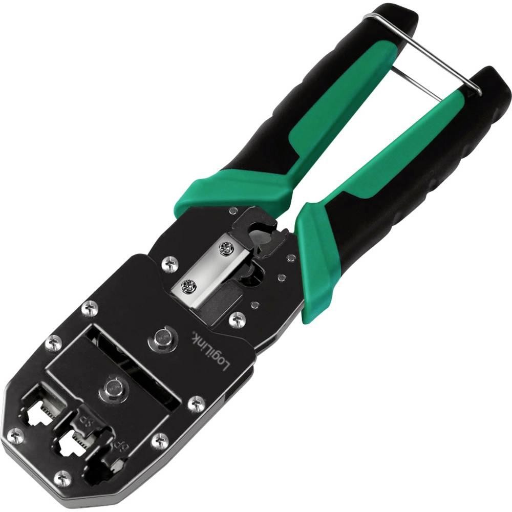Black and green LogiLink WZ0079 cable crimper tool with ergonomic rubber grips, metal jaws, and a built-in cutter for crimping connectors onto cables.