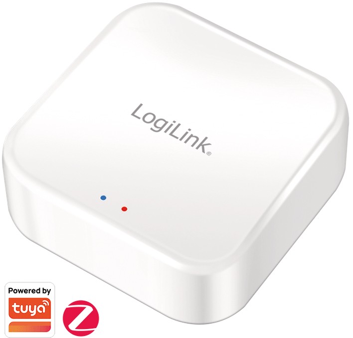 White LogiLink Zigbee Gateway with rounded edges, featuring a small blue and red LED indicator, and logos for Tuya and Zigbee on the bottom left corner.