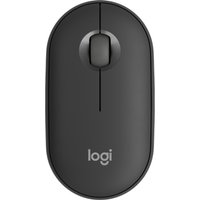 Black Logitech wireless mouse, ambidextrous design, smooth surface, central scroll wheel, compact for travel use.