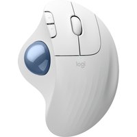 White Logitech Bluetooth trackball mouse with blue ball and ergonomic right-hand design.