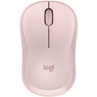 Pink Logitech wireless mouse with scroll wheel, ambidextrous design, and Bluetooth connectivity.