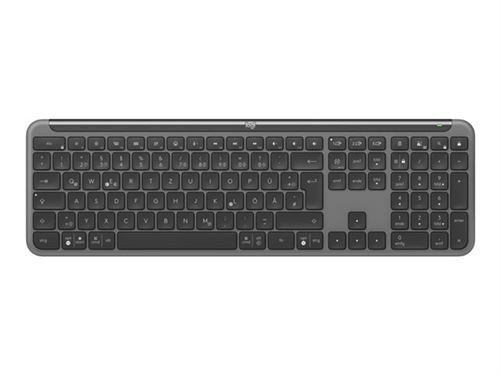 Wireless Logitech QWERTZ keyboard in dark gray with a sleek design, featuring low-profile keys, a compact layout, and Bluetooth connectivity for versatile use.
