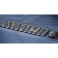 Graphite Logitech wireless keyboard and mouse combo, QWERTY UK layout, slim design, Bluetooth and RF connectivity.