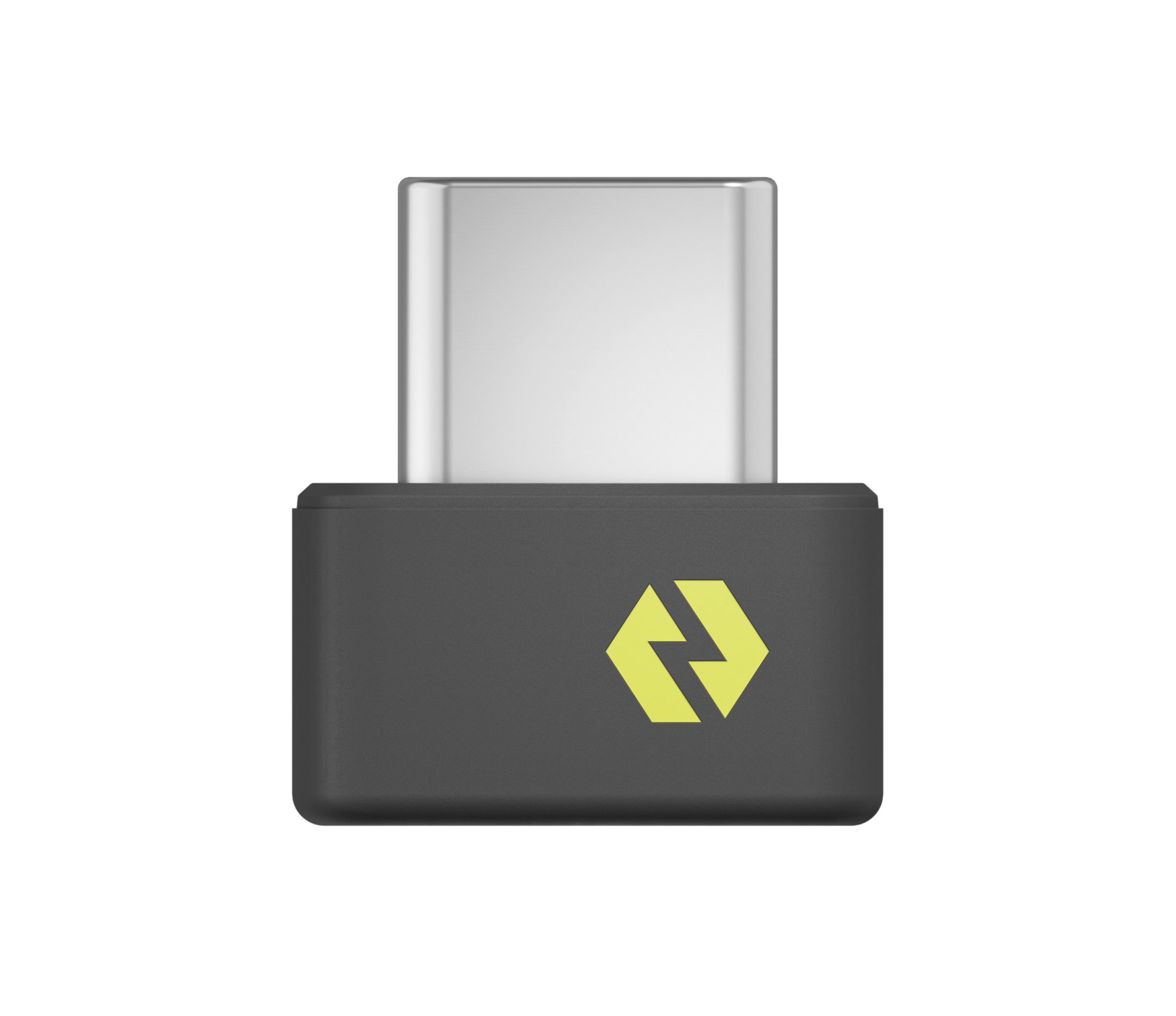 Compact USB receiver in black plastic with a silver connector and a yellow logo, designed for Logitech input devices.