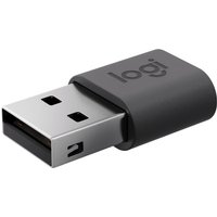 Graphite Logitech USB-C to USB-A gender changer with compact design and "logi" branding on the connector.