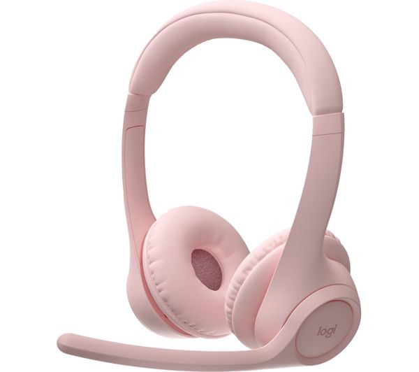 Wireless Logitech headset in soft pink with cushioned ear pads, adjustable headband, and a flexible microphone for office or call use.