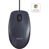 Black Logitech B100 Optical USB Mouse with scroll wheel, wired connection, and Chromebook compatibility logo.