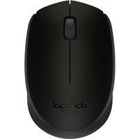 Black Logitech B170 wireless mouse with sleek design, scroll wheel, and compact form.