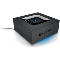 Black Logitech Bluetooth Audio Receiver with glossy top, blue LED light, and Logitech logo on the side.