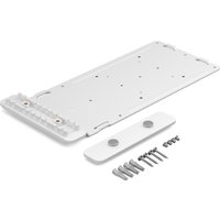 White Logitech Compute Mount with rectangular metal plate, mounting holes, and included screws and brackets.