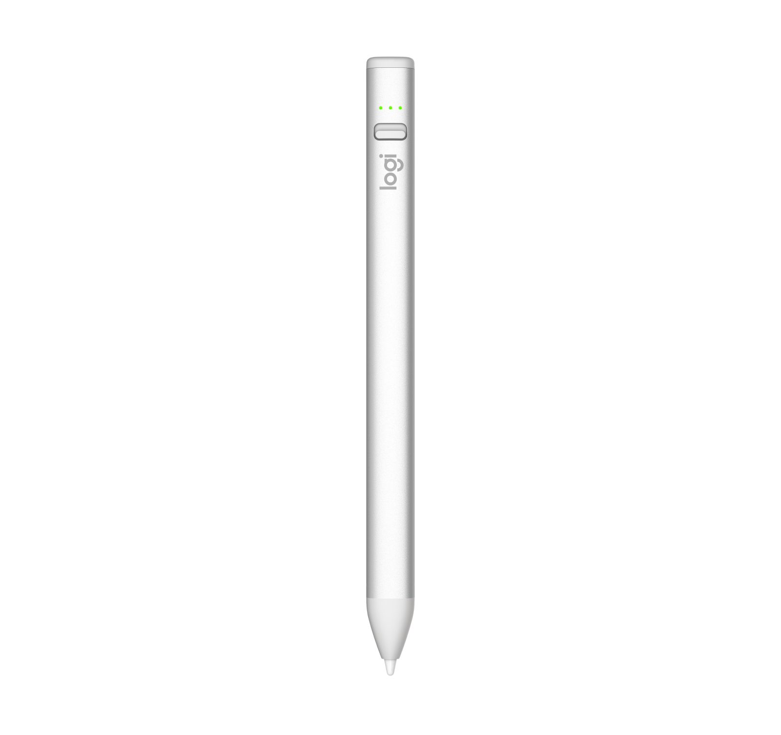 Silver Logitech Crayon Digital Pencil with a sleek design, featuring a rounded tip, two indicator lights, and a textured grip for comfortable use.