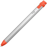 Silver Logitech Crayon stylus with orange tip and cap, featuring a slim rectangular design and logo near the top.