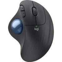 Ergonomic black Logitech trackball mouse with blue ball and two buttons on the side.