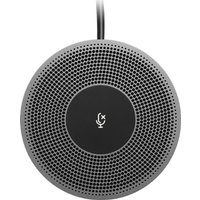 Round black and gray Logitech expansion mic with mute symbol, perforated grille, and attached cable.