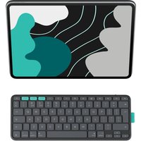 Graphite Logitech Flip Folio QWERTY Bluetooth keyboard with teal accents, compact design, and rounded keys.