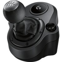 Black Logitech G Driving Force Shifter with leather knob, six-speed gear stick, and round base.
