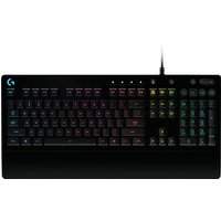 Black Logitech G213 Prodigy gaming keyboard with RGB backlit keys and media controls.