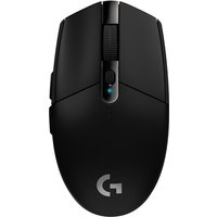 Black Logitech G305 wireless gaming mouse with sleek design, scroll wheel, and blue LED indicator.