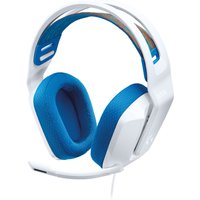 White and blue Logitech G335 wired gaming headset with cushioned ear pads and adjustable headband.