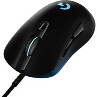 Black Logitech G403 HERO gaming mouse with blue accents, ergonomic shape, and customizable buttons.